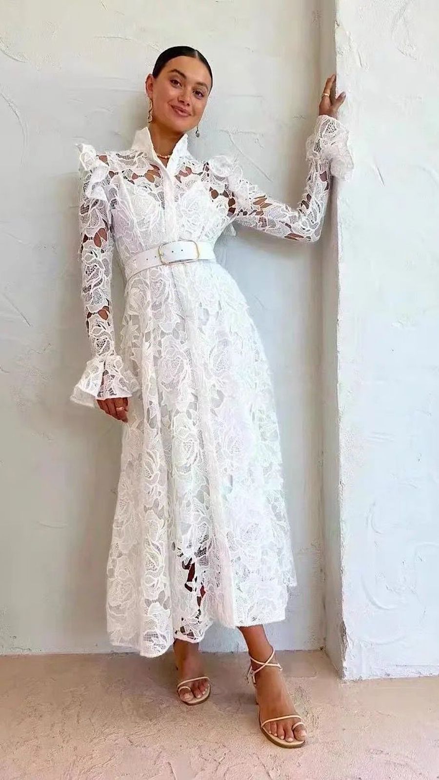 Hollow Lace Belted Dress