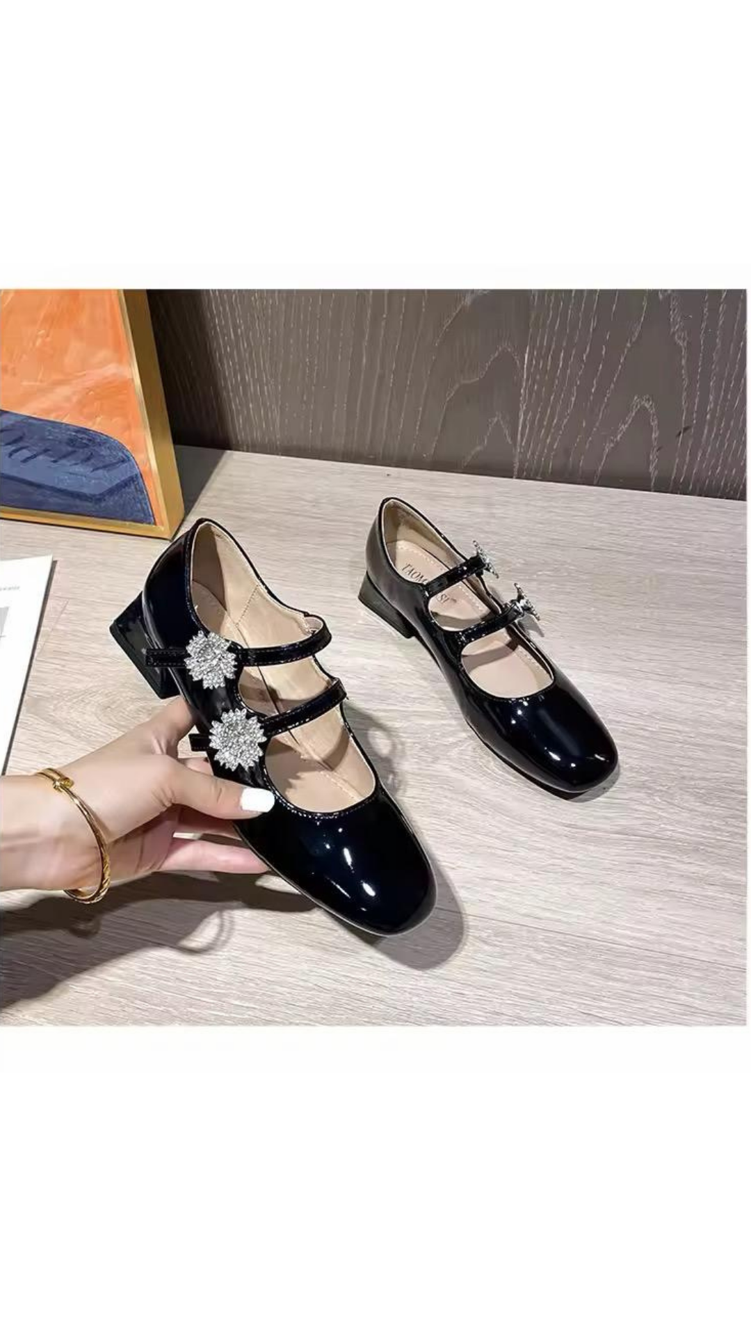 Embellished double strap low heel