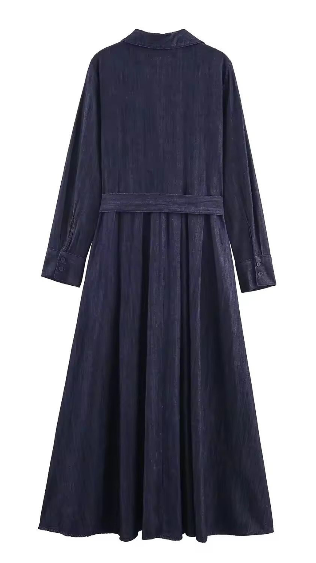 Navy blue dress with long sleeves and a belt on a white background