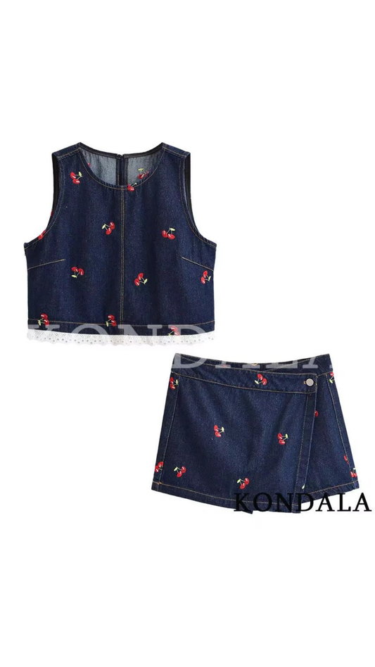 Cherry Embroidered Top & Skort Set