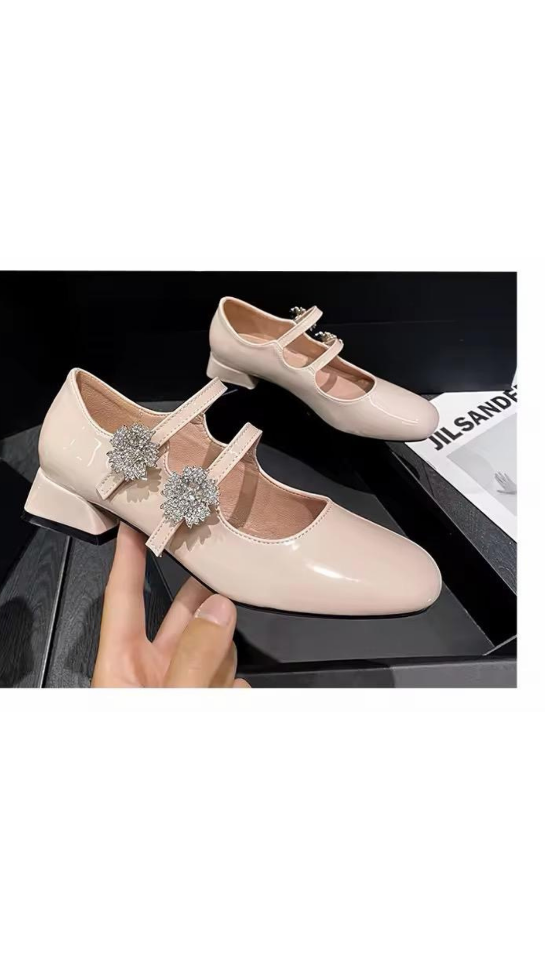 Embellished double strap low heel