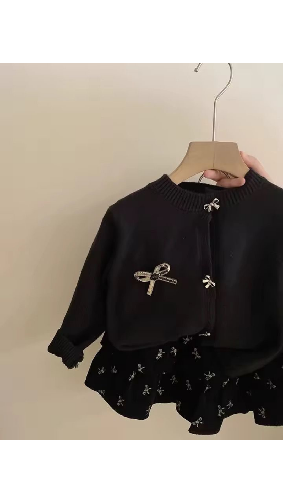 Bow knit cardigan and skirt