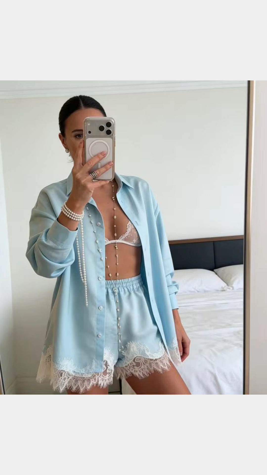 Lace icy blue shorts set