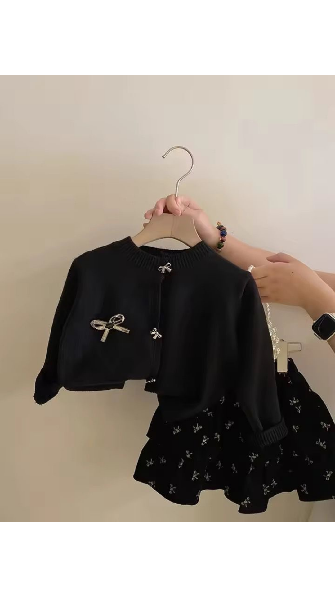 Bow knit cardigan and skirt