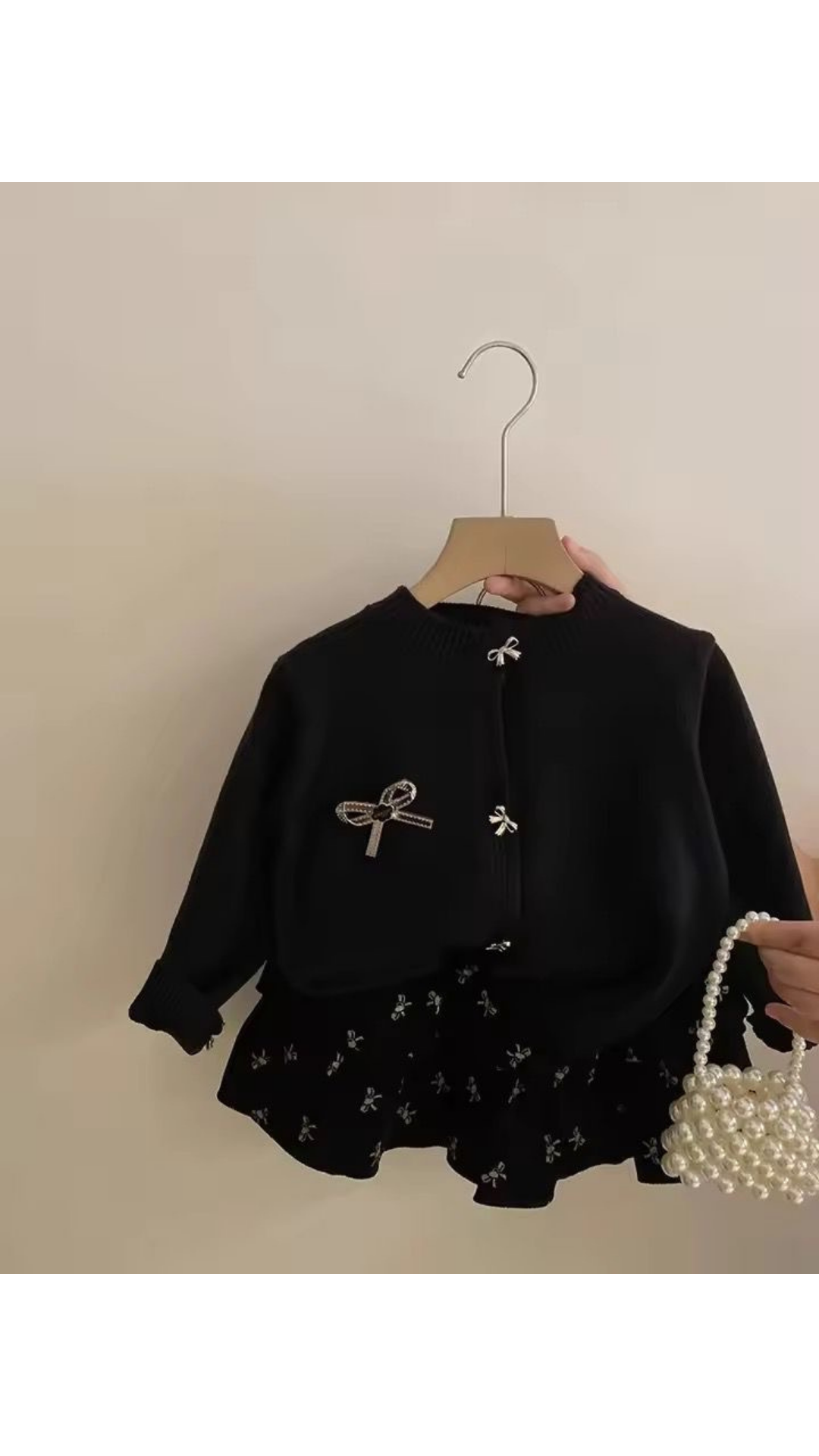 Bow knit cardigan and skirt