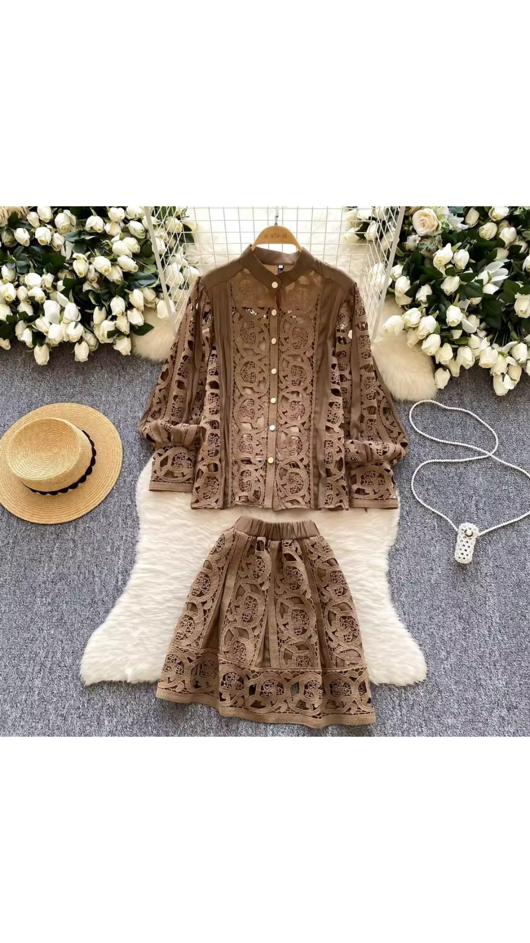 Hollow lace shirt and skirt set