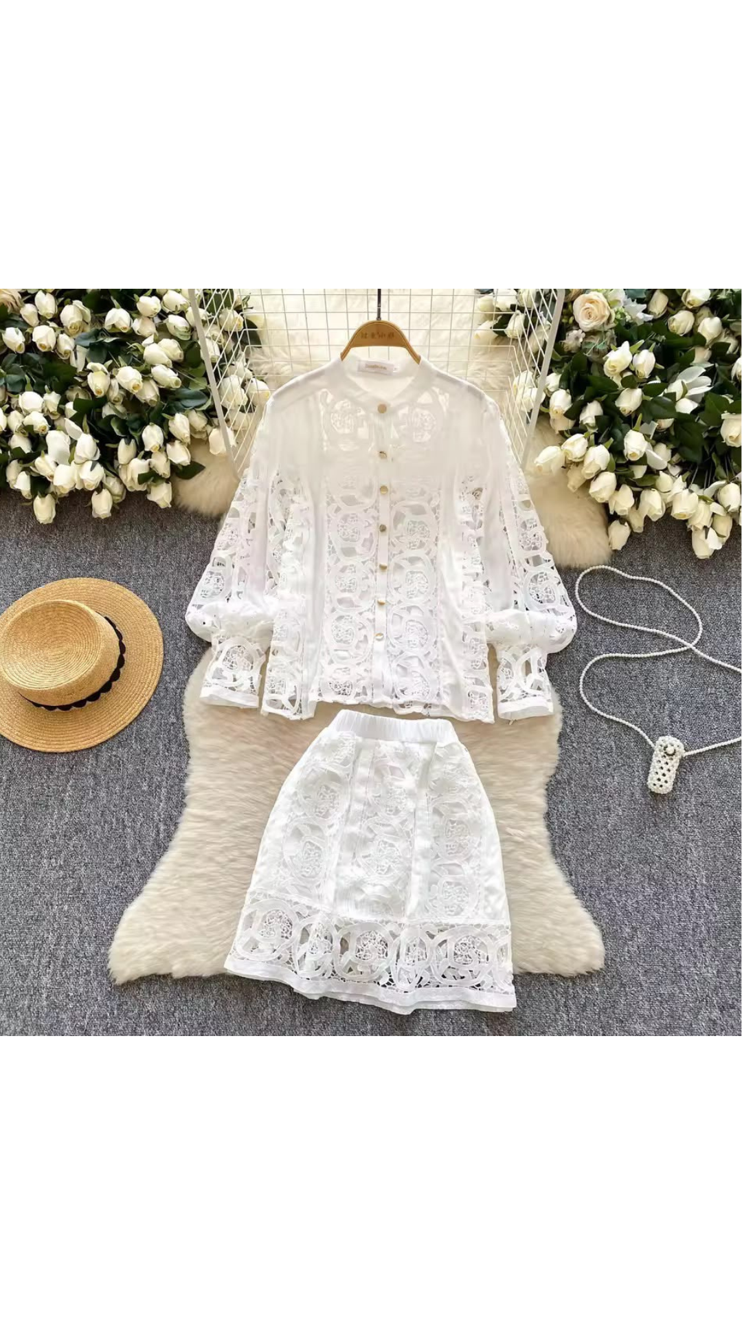 Hollow lace shirt and skirt set