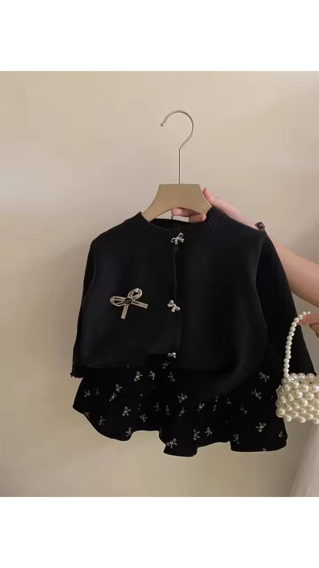 Bow knit cardigan and skirt
