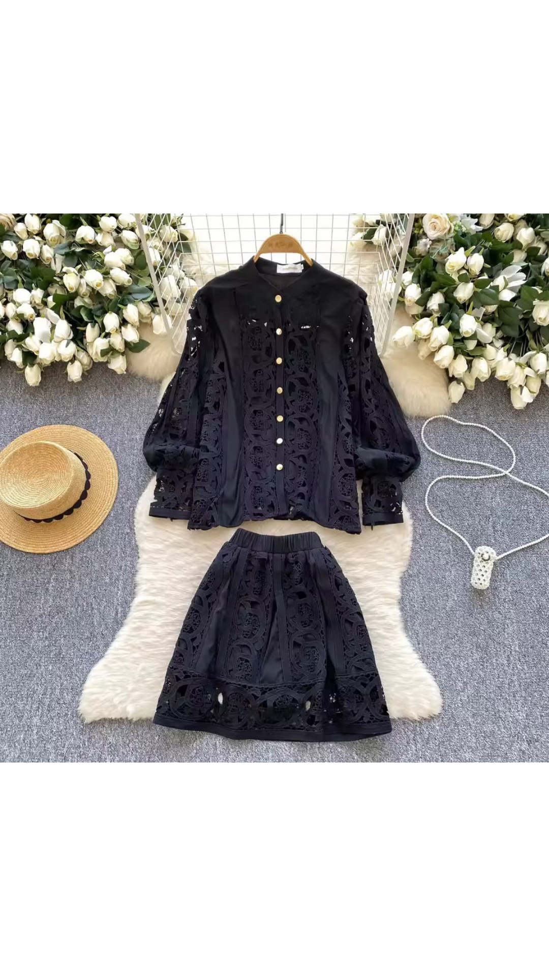Hollow lace shirt and skirt set