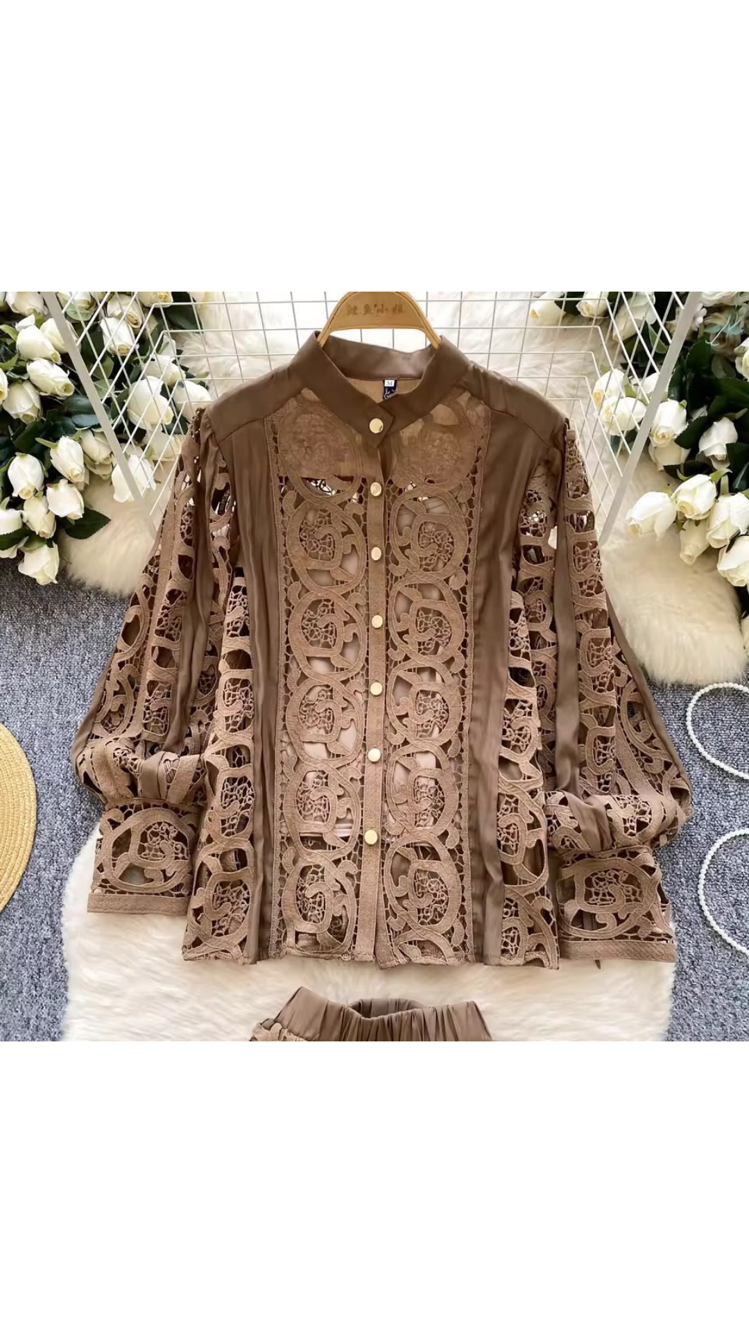 Hollow lace shirt and skirt set