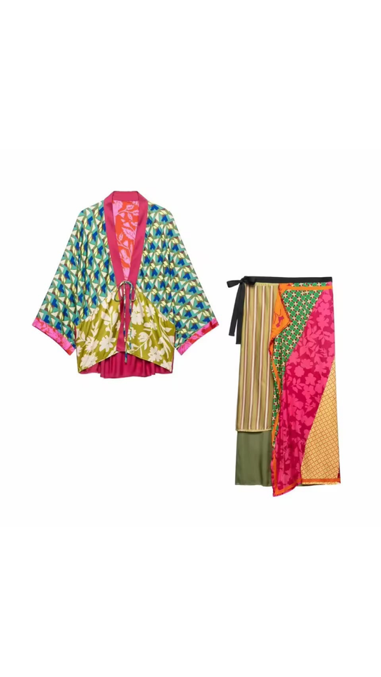 Silky kimono top and skirt