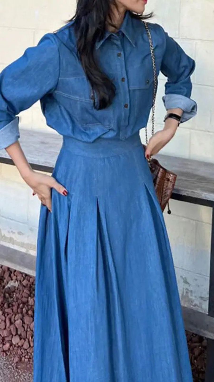 Denim Shirt & Long Skirt Set (PRE ORDER)